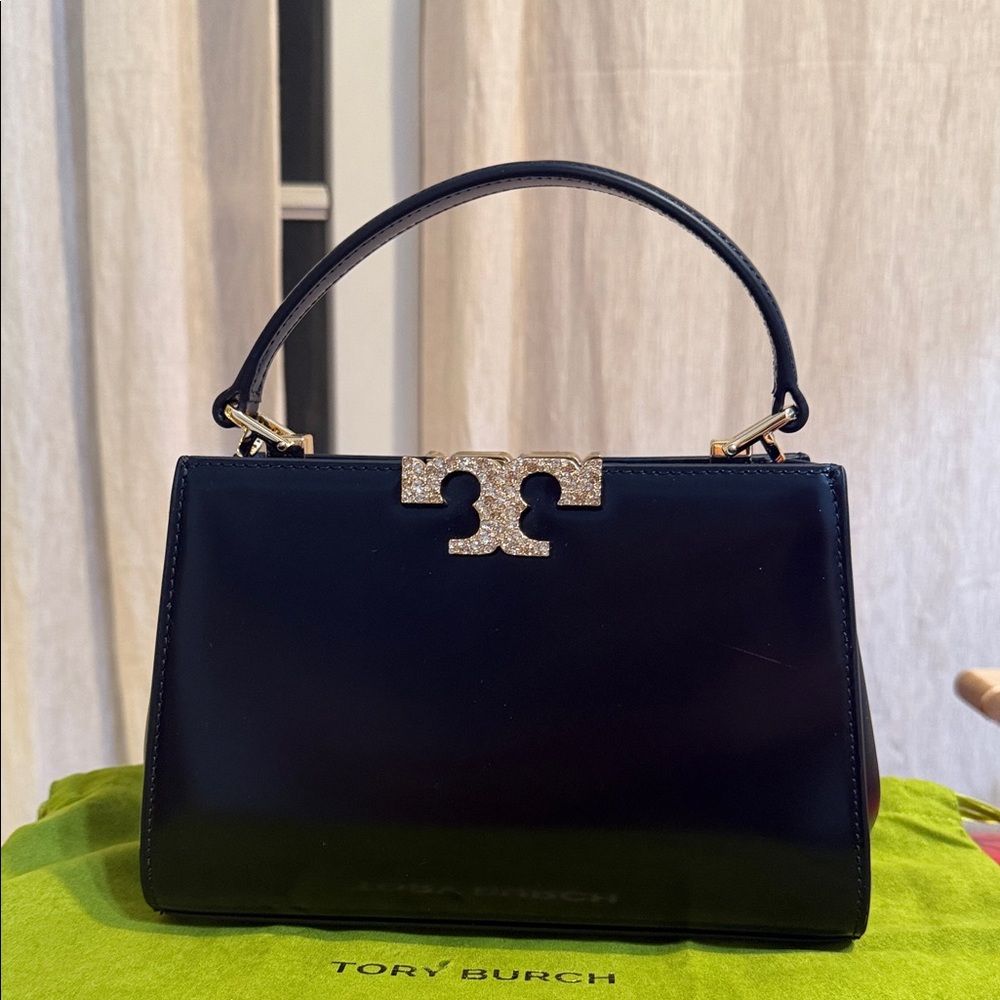 Tory Burch Eleanor Navy Satchel with Pave Gold Accents